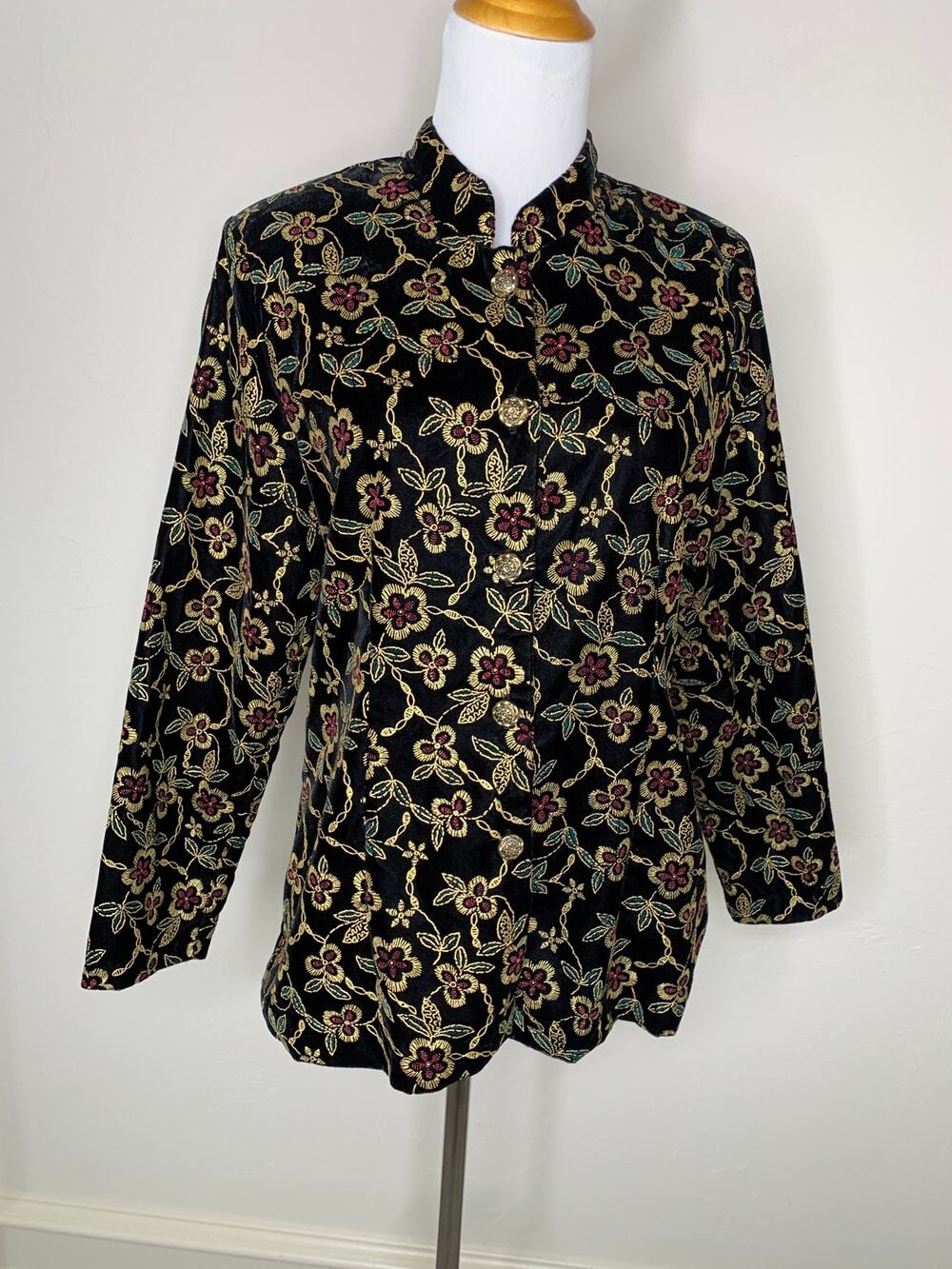 Velvet Blazer Standup Collar Metallic Floral Design Gold Red Sz ?Medium